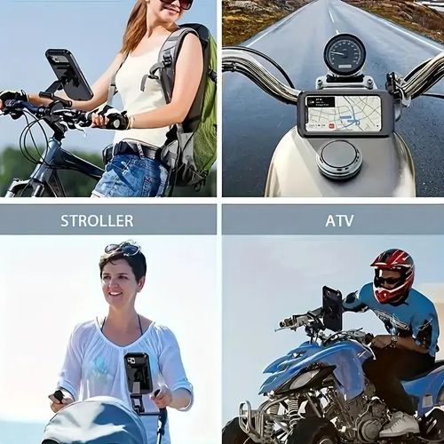 4-in-1 All-Terrain Phone Mount | Waterproof Shockproof Design | Bikes or ATVs or Strollers or Carryall