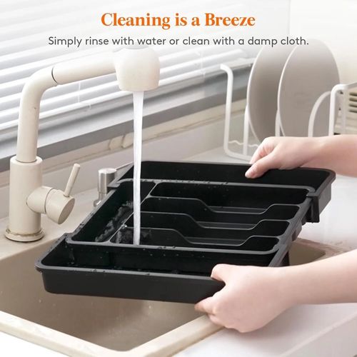 Expandable Cutlery Storage Box, Adjustable Kitchen Silverware Organizer (Large, Black)
