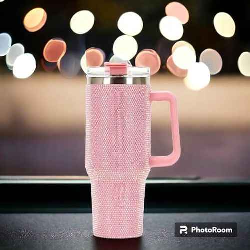 40oz Rihnestone Tumbler Double Wall Stainless Steel With Handle & Straw, twisted Vacuum lid, Insulated mug for Travel,Coffee,Juice,Tea,Water