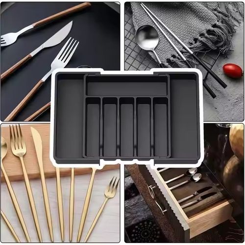 Expandable Cutlery Storage Box, Adjustable Kitchen Silverware Organizer (Large, Black)