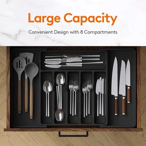 Expandable Cutlery Storage Box, Adjustable Kitchen Silverware Organizer (Large, Black)