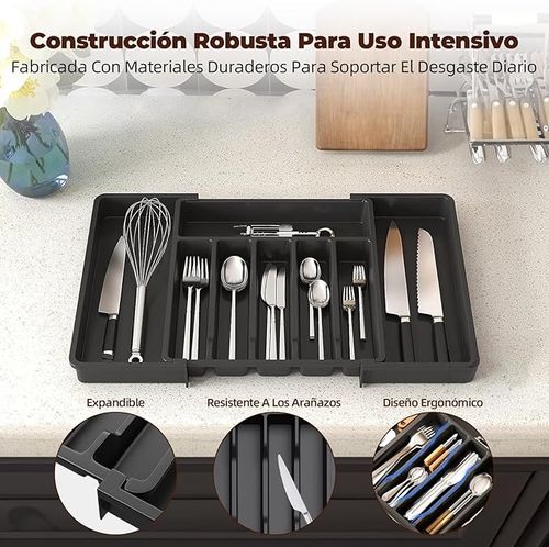 Expandable Cutlery Storage Box, Adjustable Kitchen Silverware Organizer (Large, Black)
