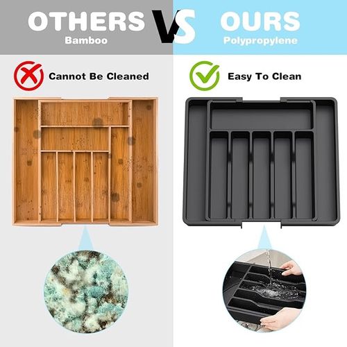 Expandable Cutlery Storage Box, Adjustable Kitchen Silverware Organizer (Large, Black)