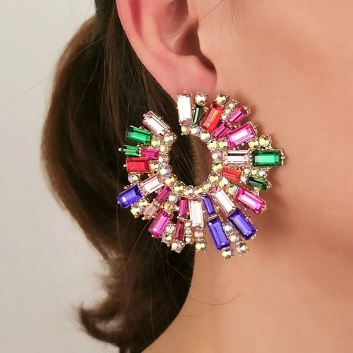 Alloy inlaid colorful rhinestone sunflower earrings for women super flash trendy evening earrings