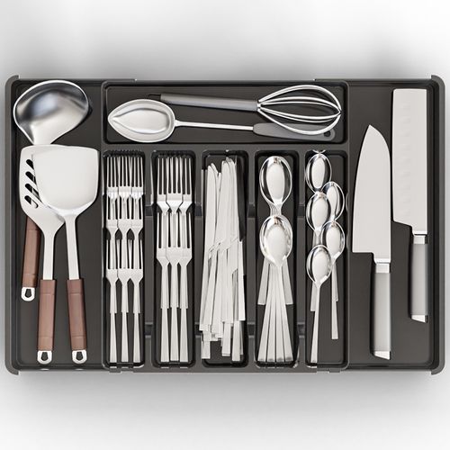 Expandable Cutlery Storage Box, Adjustable Kitchen Silverware Organizer (Large, Black)