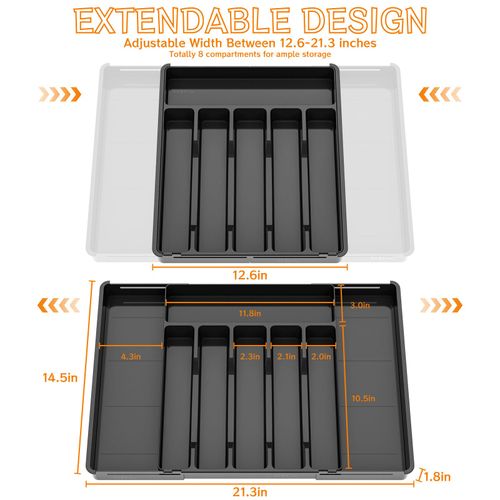 Expandable Cutlery Storage Box, Adjustable Kitchen Silverware Organizer (Large, Black)