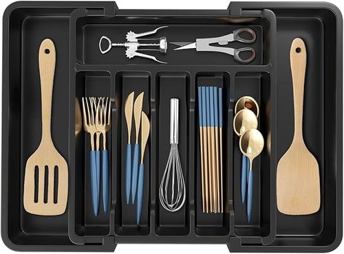 Expandable Cutlery Storage Box, Adjustable Kitchen Silverware Organizer (Large, Black)