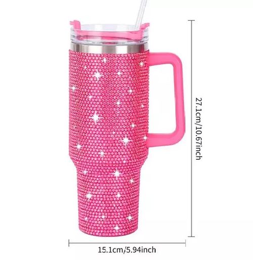 40oz Rihnestone Tumbler Double Wall Stainless Steel With Handle & Straw, twisted Vacuum lid, Insulated mug for Travel,Coffee,Juice,Tea,Water