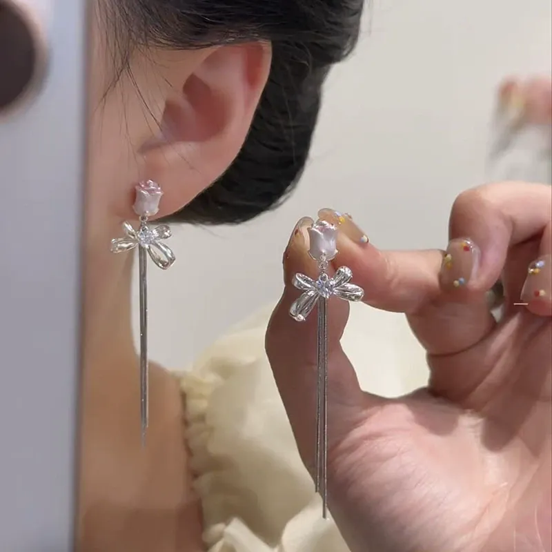 Designer Floral Bow Tassel Earrings | Luxe Chic Korean-Style Studs