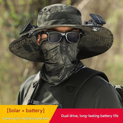Long-life lithium battery fan solar charging strong wind summer wide brim sun hat men's sunshade fisherman hat quick-drying
