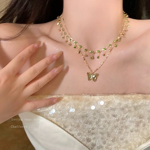 Colorful butterfly double-layer tassel necklace cool summer high-end necklace accessories female niche clavicle chain