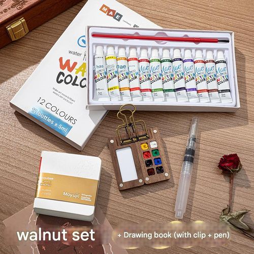 Mini watercolor paint walnut box portable handbook sketch travel painting painting color palette small drawing board  (8-grid paint box + 12-color paint + drawing book + pen + clip)