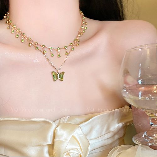 Colorful butterfly double-layer tassel necklace cool summer high-end necklace accessories female niche clavicle chain