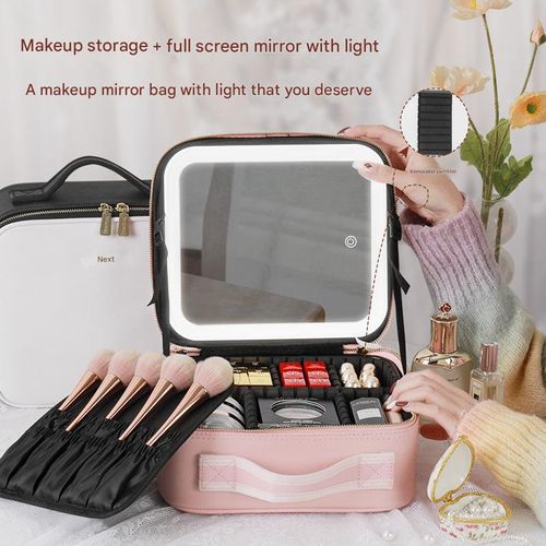 Large capacity lighted cosmetic bag makeup box full screen mirror portable travel cosmetic storage bag storage box