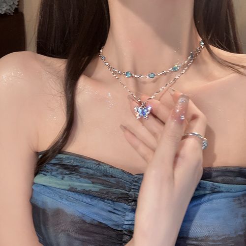 2025 new summer style blue butterfly necklace female high-grade clavicle necklace