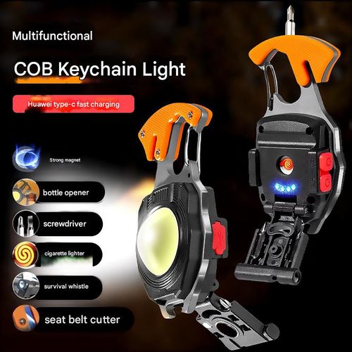 Keychain work light multi-function cigarette lighter rechargeable portable camping auto repair led strong light mini camping light