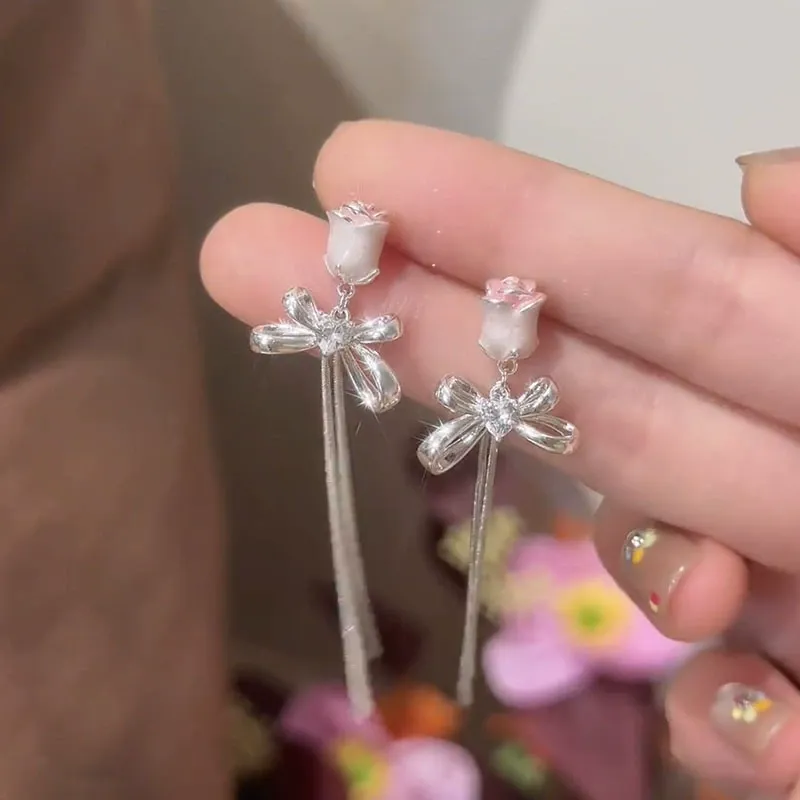 Designer Floral Bow Tassel Earrings | Luxe Chic Korean-Style Studs