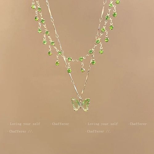Colorful butterfly double-layer tassel necklace cool summer high-end necklace accessories female niche clavicle chain