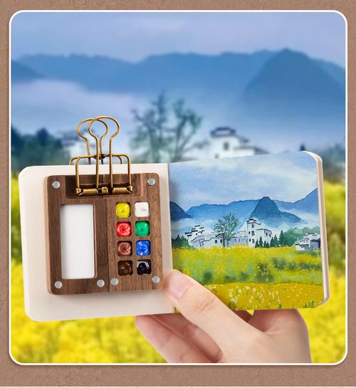 Mini watercolor paint walnut box portable handbook sketch travel painting painting color palette small drawing board  (8-grid paint box + 12-color paint + drawing book + pen + clip)