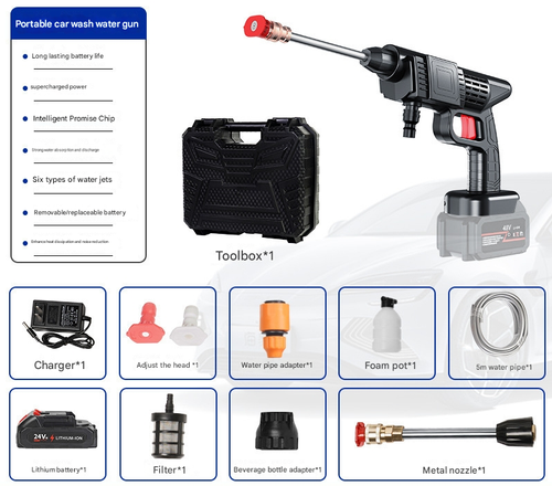 🔥Wireless high pressure car wash water gun (with tool box) household car washing machine rechargeable water spray gun portable high power lithium battery car wash gun