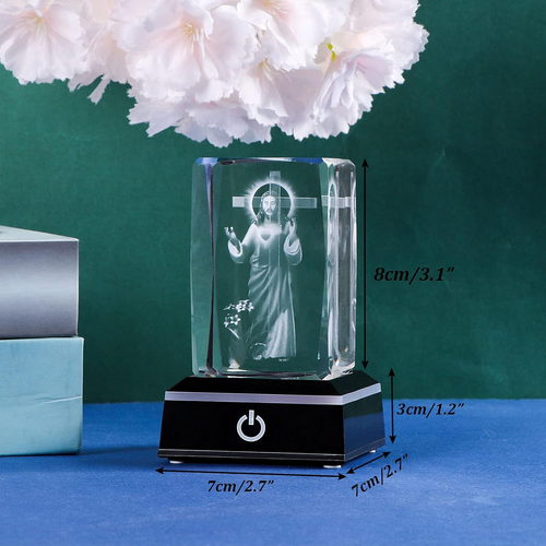 3D Crystal Cross Jesus Figurine with Colorful LED Light Base – Faith Home Decor Gift