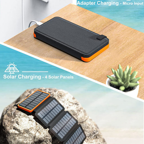 High-quality lightweight foldable solar panel portable charger with 20,000 milliampere-hour capacity and dual USB ports for camping use.