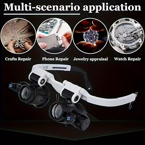 LED Head-Wearing Professional Magnifier – 8X 15X 23X Adjustable with Dual Lights