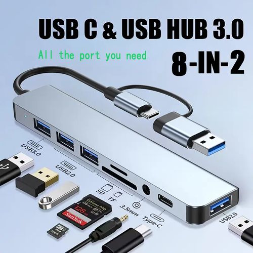 8-in-2 Multi-Function Hub, USB & TYPE-C Ports, Featuring USB 3.0 + USB-C + SD+TF + 3.5mm Audio. A Versatile Docking Station That Supports Seamless Multi-Port Collaboration, Suitable for Smartphones, Tablets, And Computers for Both Video And Audio Output