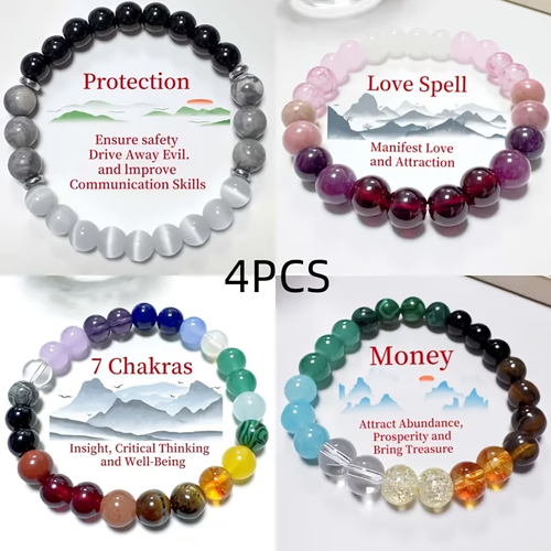 4PCS Energy Stone Bracelets – Wealth, Love & Protection Set