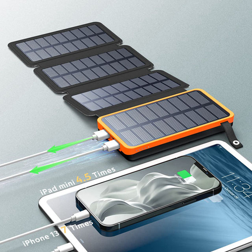 High-quality lightweight foldable solar panel portable charger with 20,000 milliampere-hour capacity and dual USB ports for camping use.
