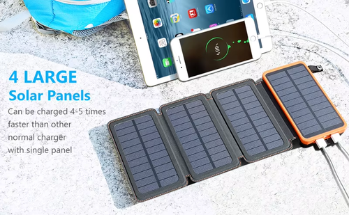 High-quality lightweight foldable solar panel portable charger with 20,000 milliampere-hour capacity and dual USB ports for camping use.