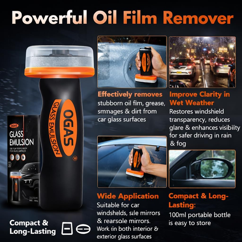 Car Glass Oil Film Remover Kit – Rainproof  Cleaner with Easy Roll-On Applicator
