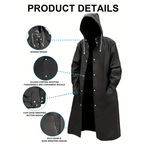 Unisex Black EVA Waterproof Raincoat – Lightweight Hooded Rain Protection