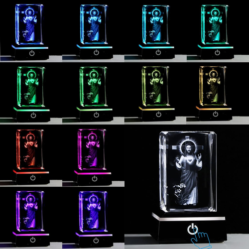3D Crystal Cross Jesus Figurine with Colorful LED Light Base – Faith Home Decor Gift