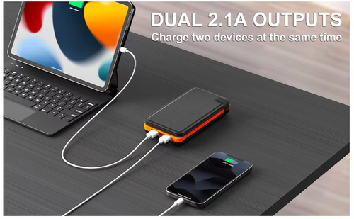 High-quality lightweight foldable solar panel portable charger with 20,000 milliampere-hour capacity and dual USB ports for camping use.