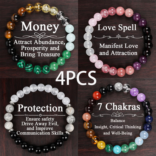 4PCS Energy Stone Bracelets – Wealth, Love & Protection Set