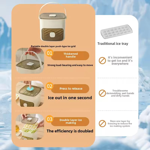 A Portable Ice Tray That Can Make 25-50 Ice Cubes, Featuring an Easy-Press Lid And a Dual-Layer, Two-In-One Ice Cube Storage Tray, Making It Perfect for Pairing with Coffee And Cold Drinks, And It Makes an Excellent Gift for Family And Friends.