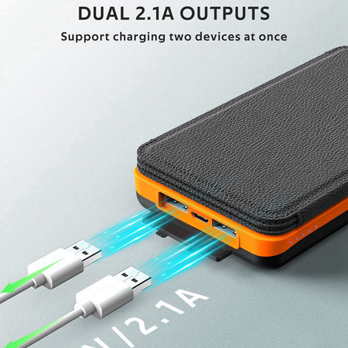 High-quality lightweight foldable solar panel portable charger with 20,000 milliampere-hour capacity and dual USB ports for camping use.