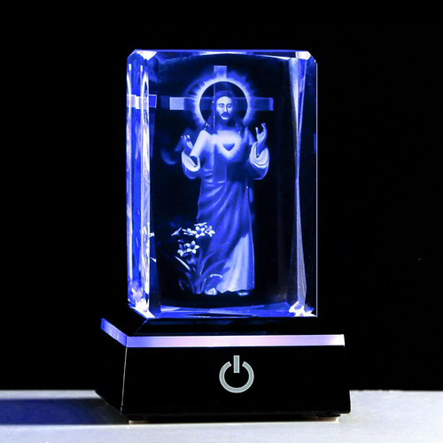 3D Crystal Cross Jesus Figurine with Colorful LED Light Base – Faith Home Decor Gift