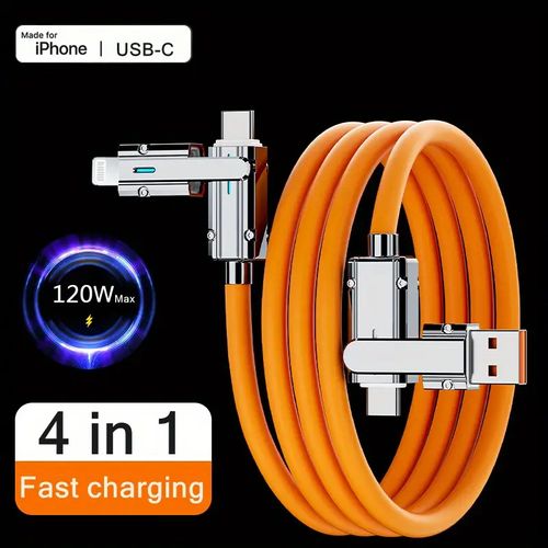 120W 4-in-1 USB fast charging cable, suitable for mobile phones, USB Type C charger, tablet charging cable, charging for both tablet and mobile phone, USB Type C charging, high-speed data transmission, one cable solves the daily charging problem for multiple devices