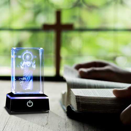 3D Crystal Cross Jesus Figurine with Colorful LED Light Base – Faith Home Decor Gift