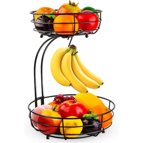 3-in-1 Fruit Basket with Banana Hanger – Strong Metal Kitchen Organizer