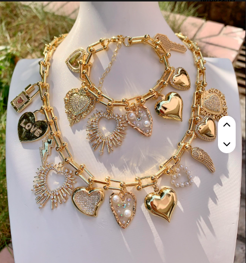 LS-L3547 Popular Cz Love lightning Lock Necklaces Heart Multi Charms Necklace Gold Plated Chunky Chain Necklace