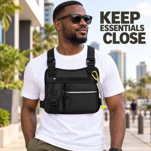 Black Outdoor Chest Bag with Elastic Cord