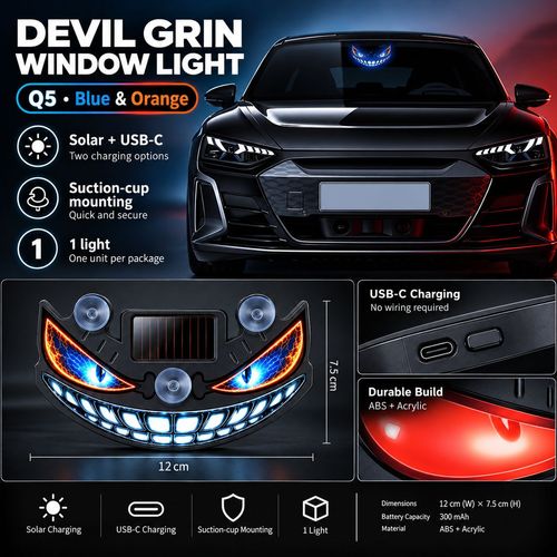 Devil Grin LED Car Window Light - Solar & USB-C Rechargeable