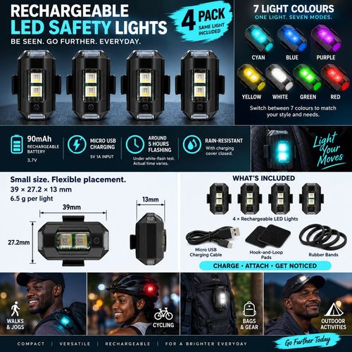 7-Colour Rechargeable Flash Lights - 4-Pack