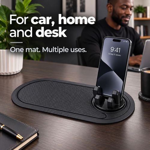 Car Phone Holder & Anti-Slip Dashboard Mat with 360° Rotating Cradle