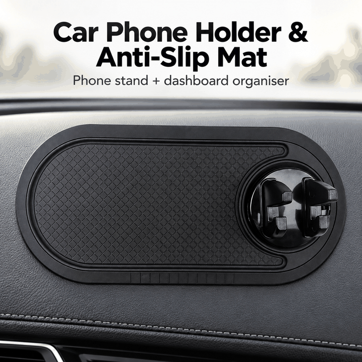 Car Phone Holder & Anti-Slip Dashboard Mat with 360° Rotating Cradle