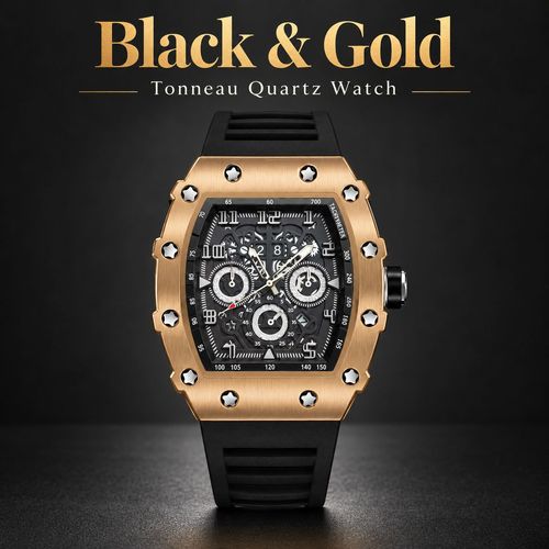 Tonneau Quartz Watch with Luminous Hands & Silicone Strap