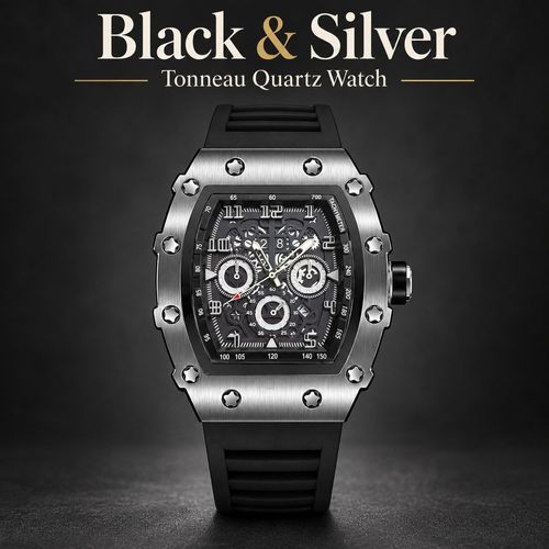 Tonneau Quartz Watch with Luminous Hands & Silicone Strap
